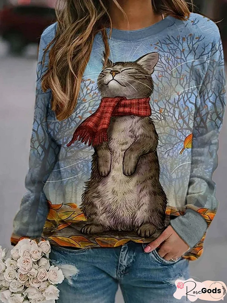 Blue Cotton-Blend Casual Crew Neck Women's Cat Print Sweatshirt