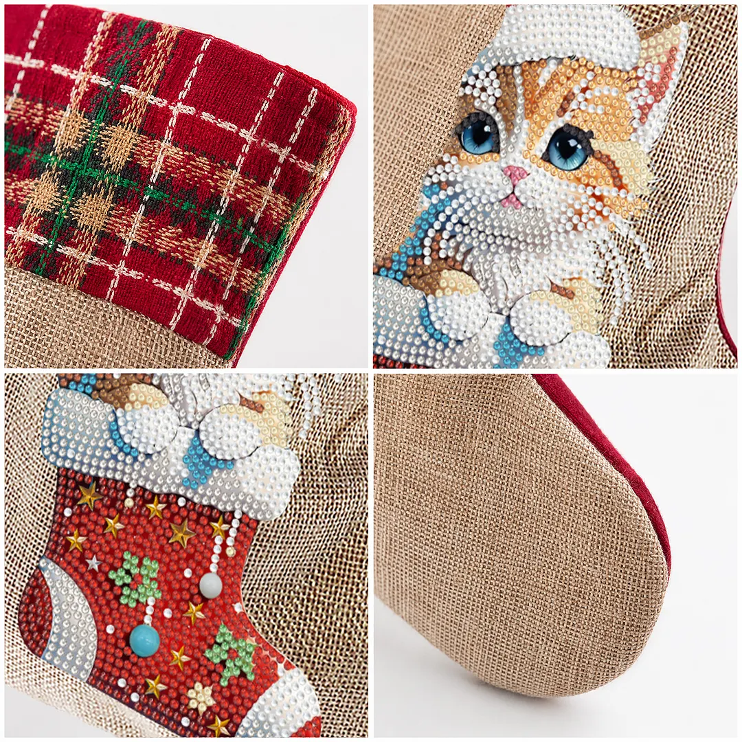 DIY Diamond Painting Christmas Stockings Hanging Ornaments Large Capacity Xmas Socks Pendant Wear Resist Candy Gift Storage Bags for Family Christmas Holiday Party Decoration (Christmas cat)