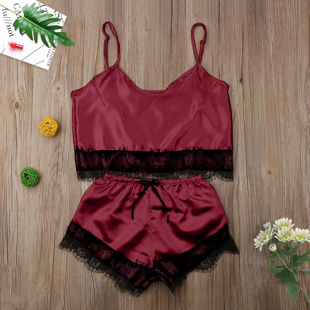Churchf 2020 New Simulation Lace Trim Split Pajamas Set Sex Lace Set