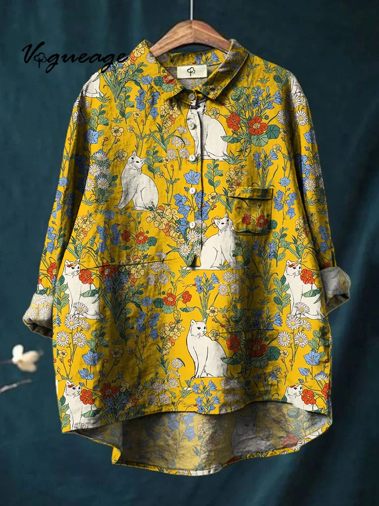 Happy Cat In Colorful Flowers Print  Cotton And Linen Shirt
