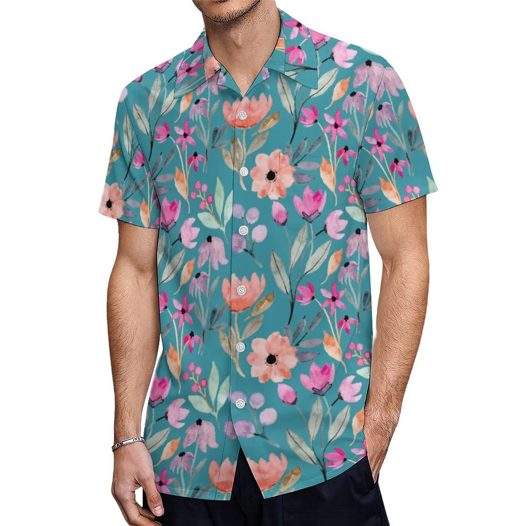 Colorful Pastel Watercolor Flowers Hawaiian Shirt Mens Button Down Plus Size Tropical Hawaii Beach Shirts