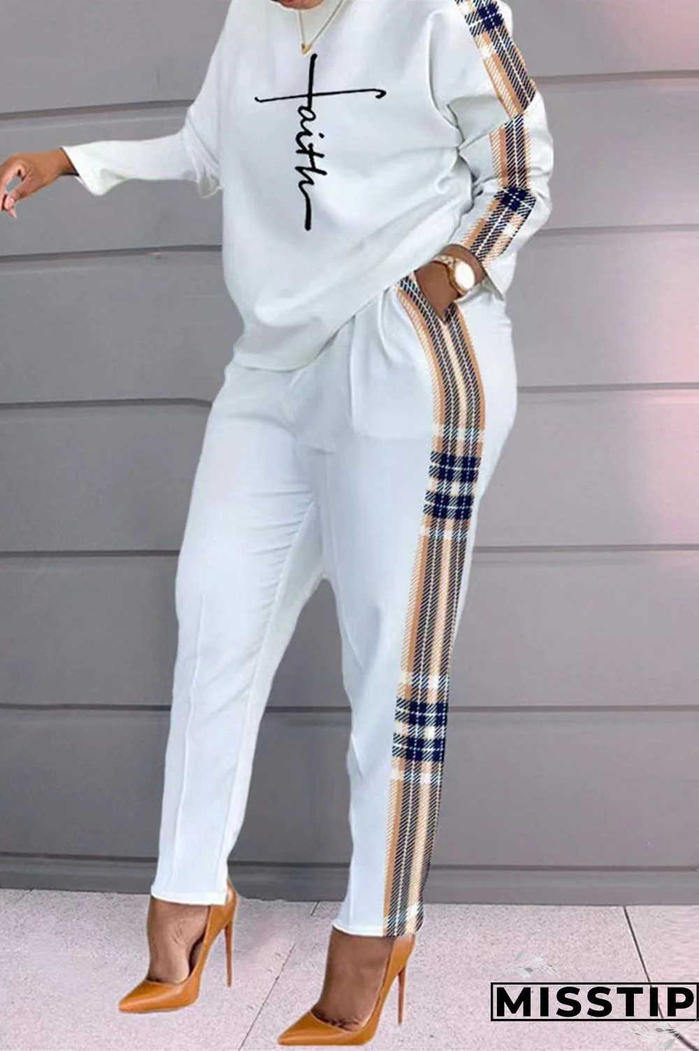 White Khaki Fashion Casual Print Patchwork O Neck Long Sleeve Two Pieces