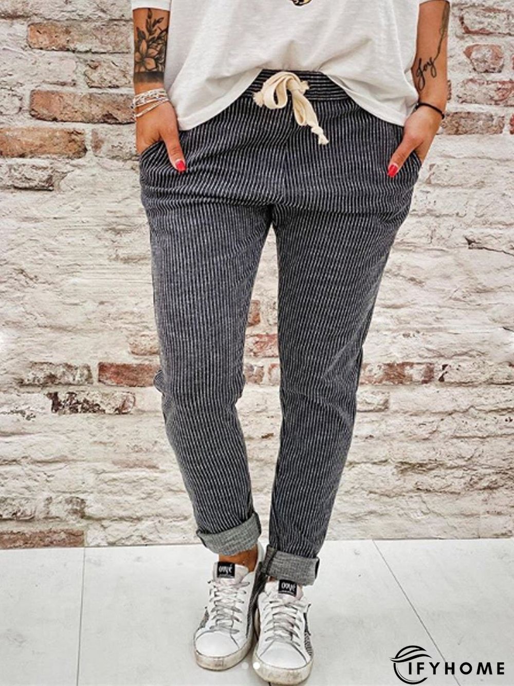Stripe-Gray Casual Color-Block Pants | IFYHOME