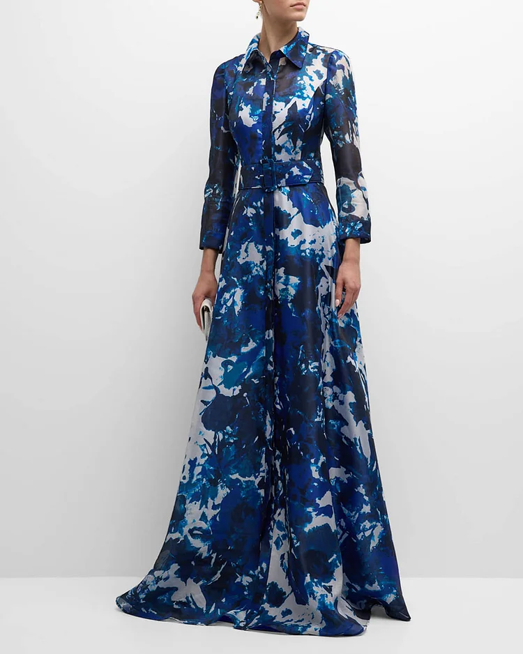 Belted Floral-Print Organza Shirt Gown