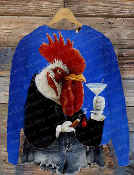 Rooster Drinking Cocktail Art Print Crew Neck Sweatshirt socialshop