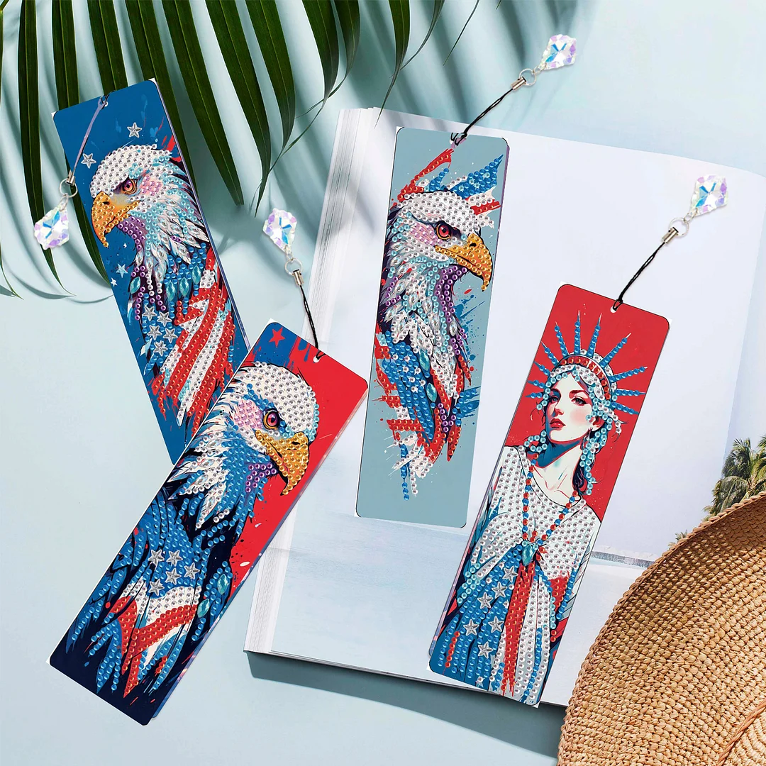 4Pcs Statue of Liberty and Eagle DIY Diamond Bookmark Art Projects Irregular Shaped Diamonds Diamond Painting Art Bookmarks with Crystal Pendants for DIY Making Beginners Adult Art Craft Supplies
