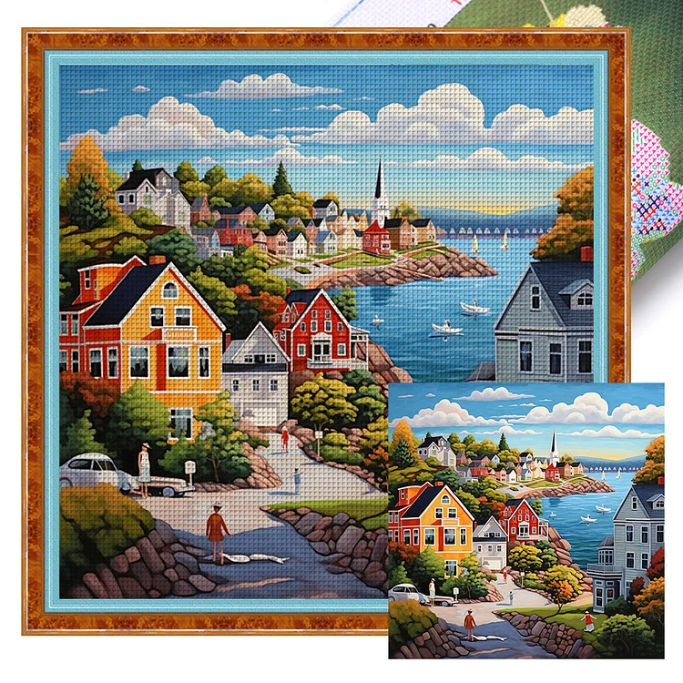 【Huacan Brand】Seaside Town 14CT Stamped Cross Stitch 50*50CM