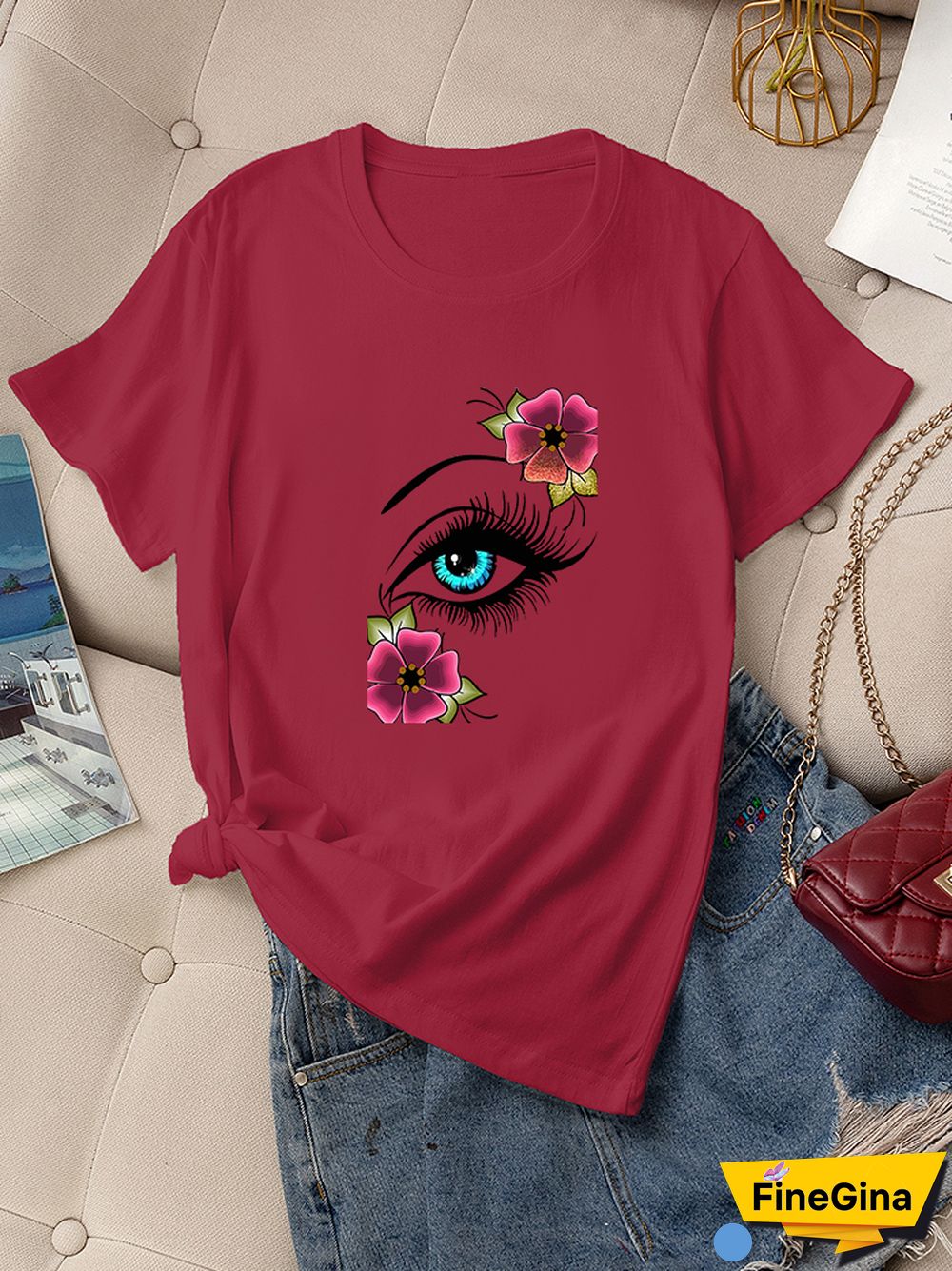 Casual Summer Daily T-shirt Women 100% Cotton Short Sleeve Rose Eye Print Female Graphic Fashion T Shirt Ladies O-Neck Tees Tops