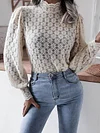 Stand Collar Puff Sleeves Lace Solid Color Fashion T-Shirt Top