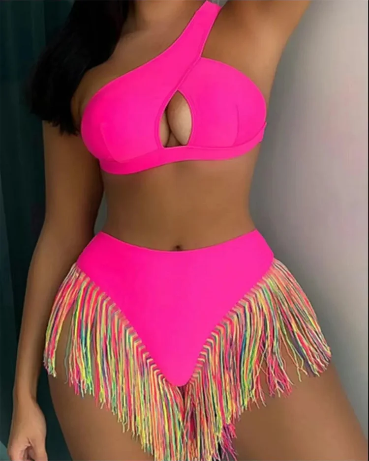 Women's Solid Color Fringe Hem Bikini Set, Casual Stylish Chic Swimsuit For Beach Vacation, Women's Swimwear For All Seasons