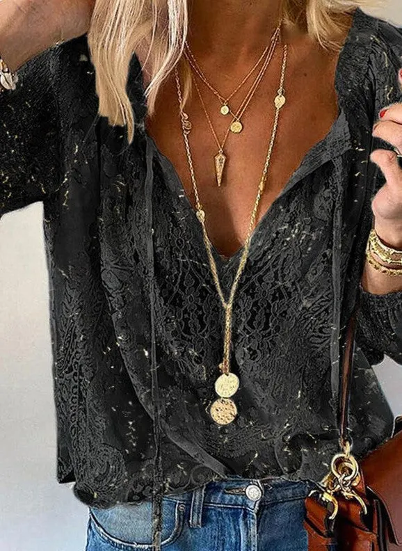 Brownm Casual Solid Color Loose Pullover Elegant Regular Sleeve Graceful Commuter Lace Shirt