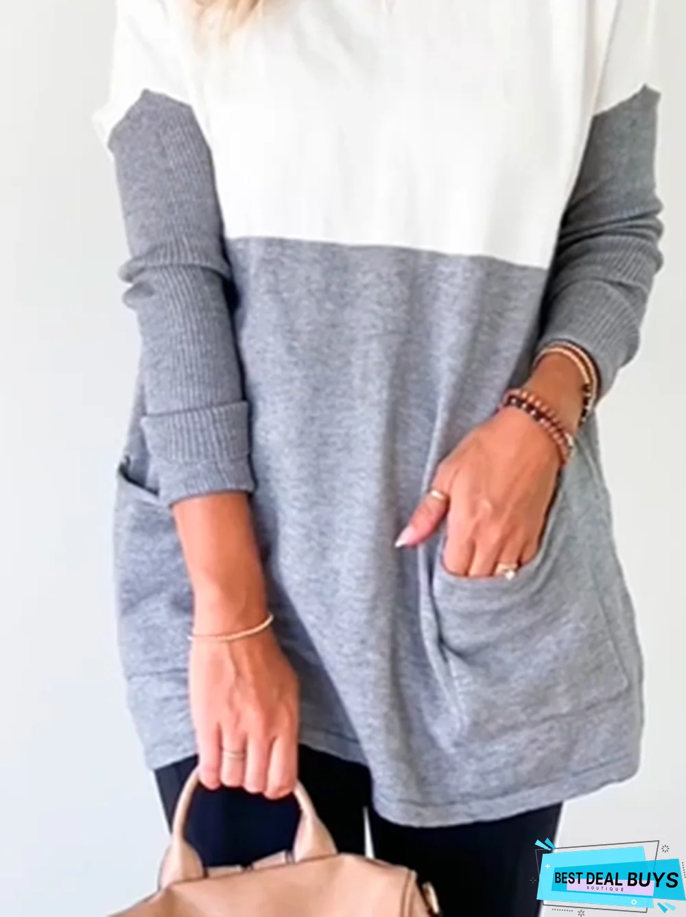 Casual Color Block Autumn Daily Loose Jersey Long sleeve Crew Neck Regular Tunic Top for Women