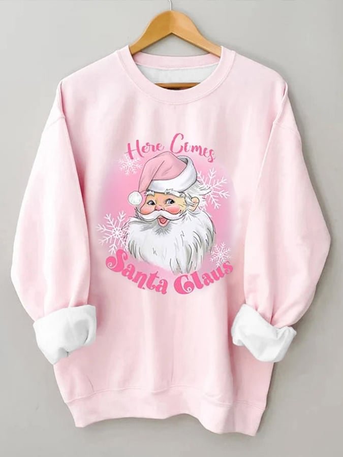 Women's Pink Christmas Pink Vintage Santa Print Casual Sweatshirt