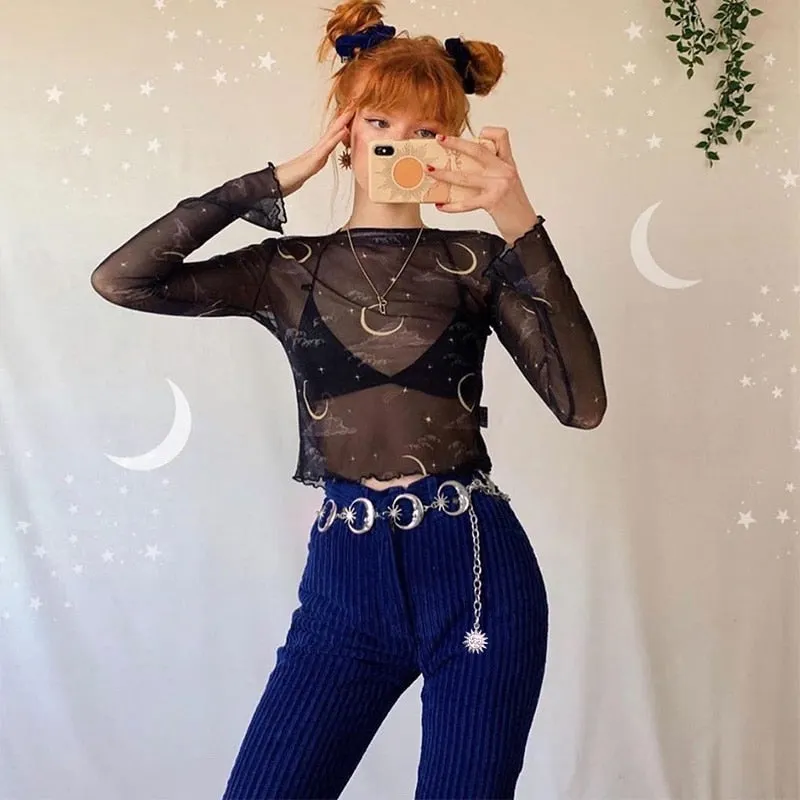 InsGoth Harajuku Punk Moon Metal Belts Women Vintage High Waist Chain Waist Belts Gothic Moon Sun Sliver Pendant Belts Female