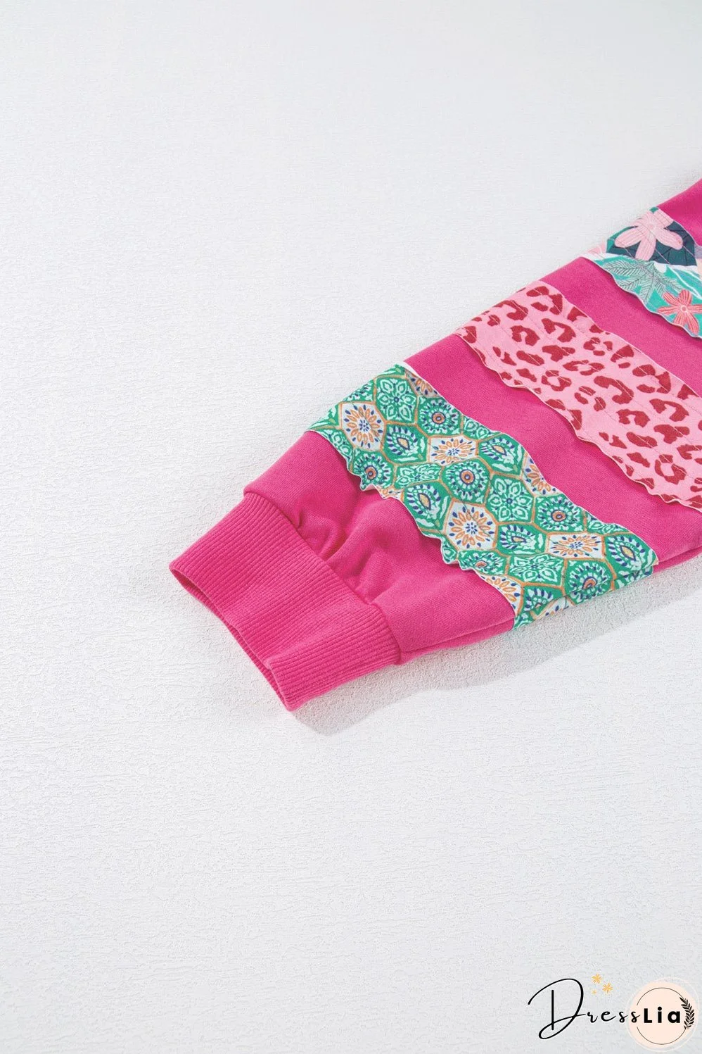 Rose Red Plus Size Printed Patchwork Sleeve Split Sweatshirt