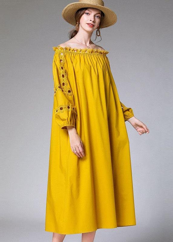 Loose Yellow Hollow Out Embroideried Fall Cotton Half Sleeve Dress