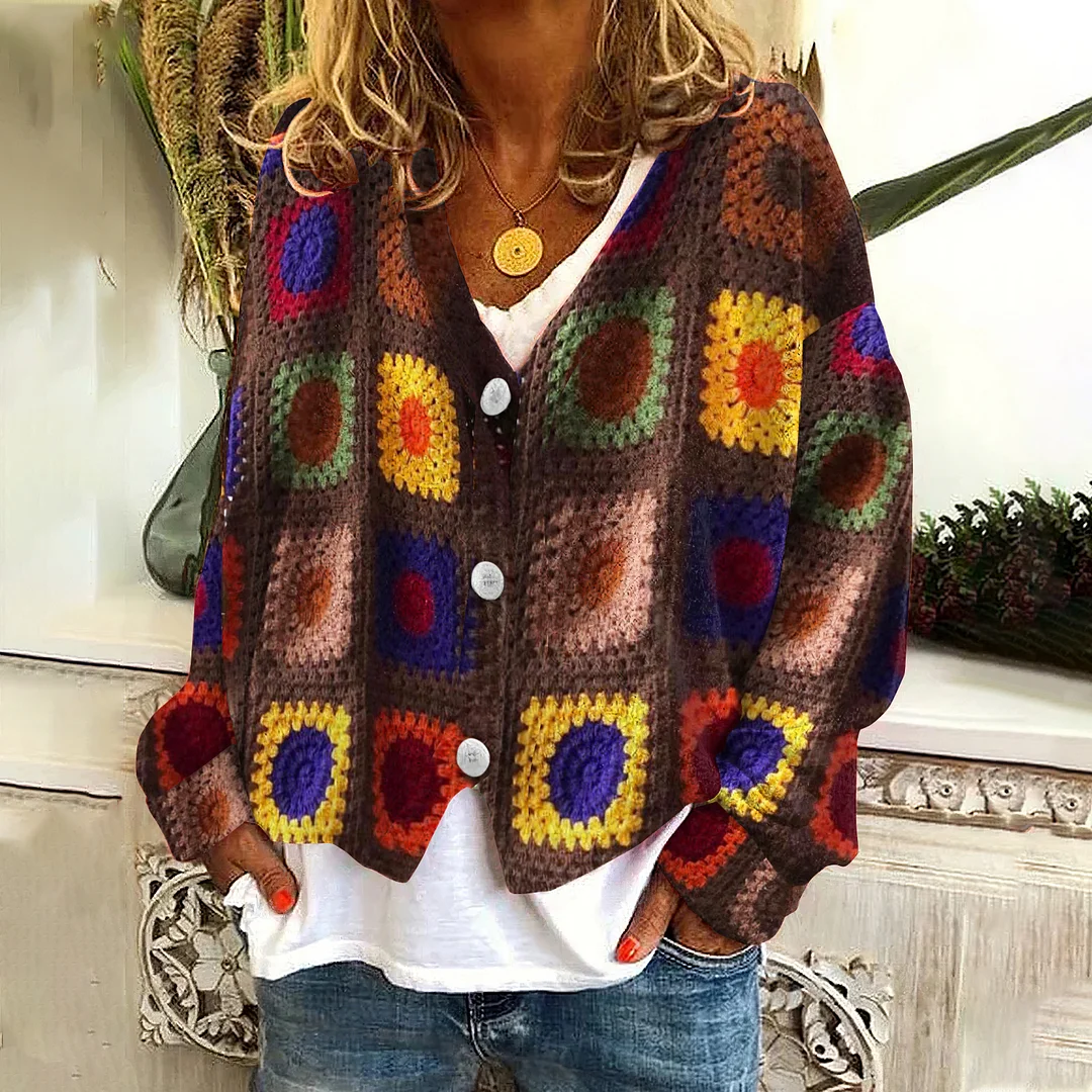 Retro Knitted Crochet Floral V Neck Button Down Cardigan