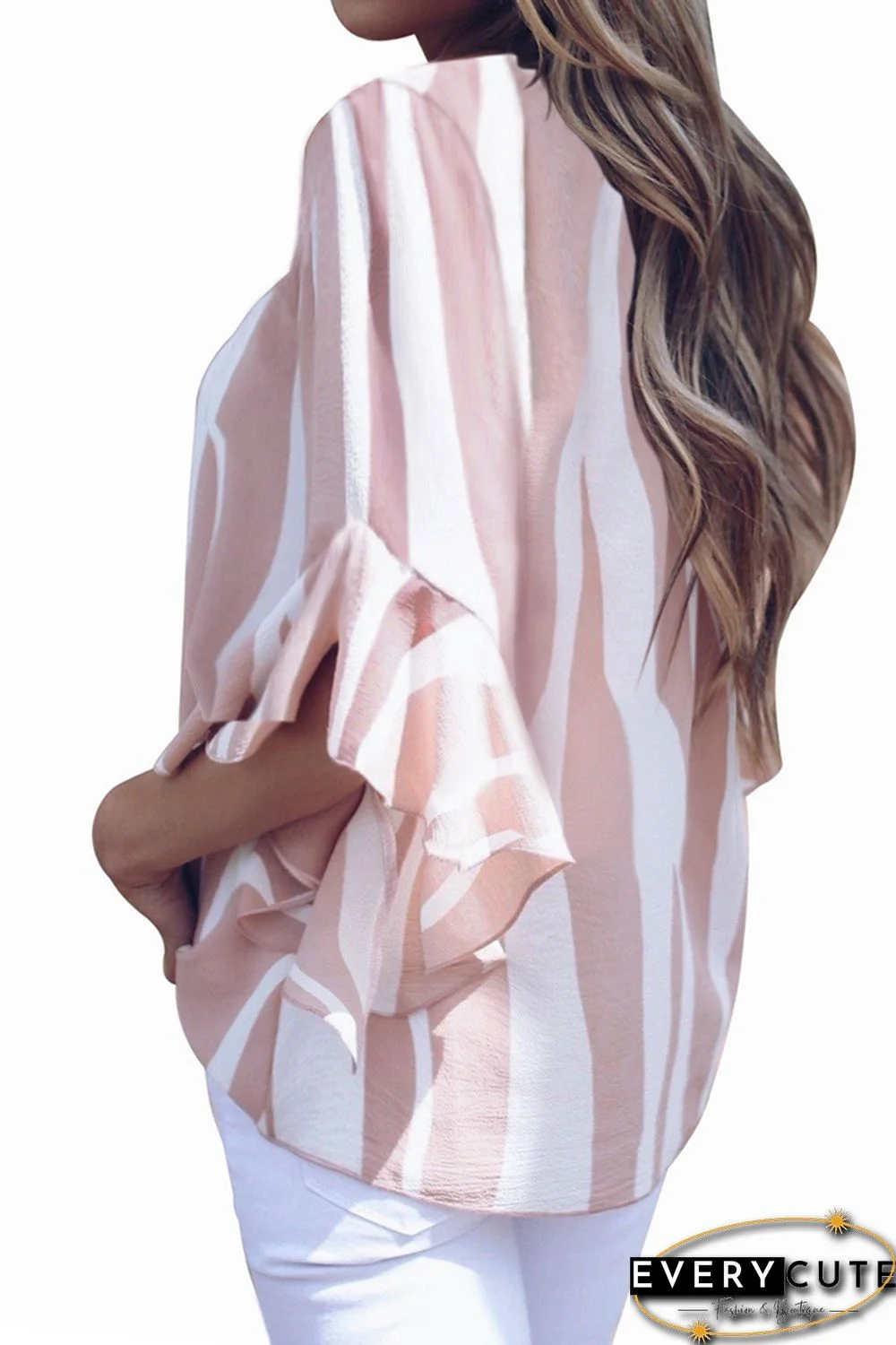 Pink Vertical Stripes V Neck 3/4 Sleeve Blouse