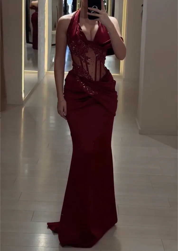 Burgundy Halter Neck Mermaid Maxi Dress with Sheer Beaded Corset Bodice