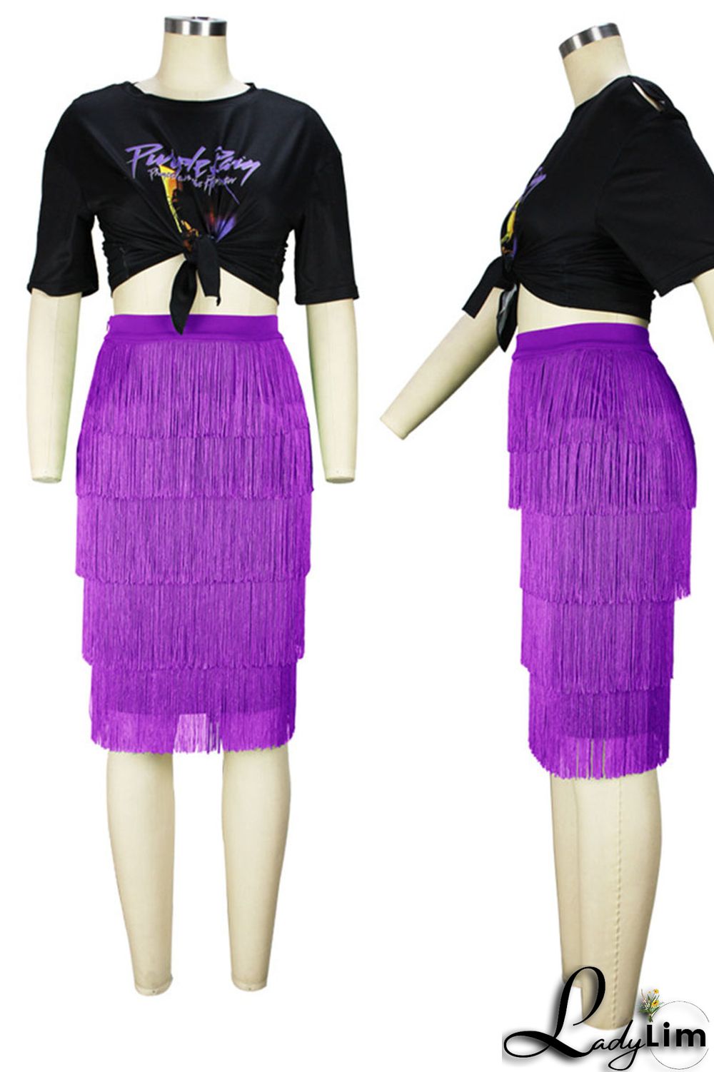 Black Casual Print Tassel Split Joint O Neck Plus Size Two Pieces