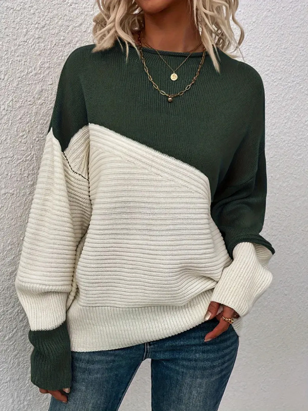 Mature Women Knitting Sweater Stitching Contrast Color Pullover Top