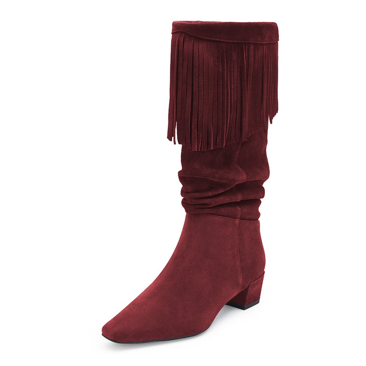 Women's Square Toe Low Heel Fringe Maroon Below The Knee Boots Nicepairs