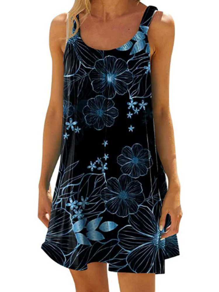 Blue Line Flower Print Sleeveless Strap Mini Casual Loose Fit Dress