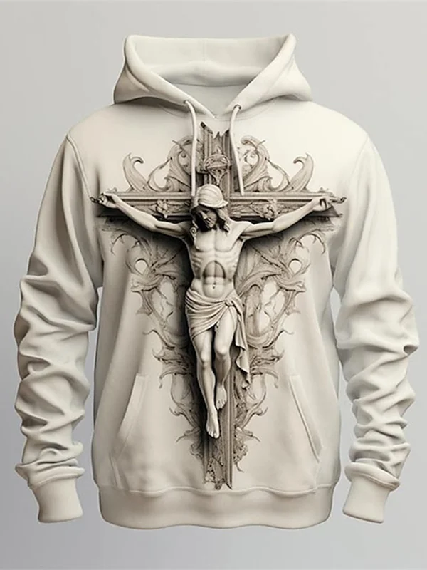 Men's Jesus Cross Sculpture Printed Retro Hooded Sweatshirt