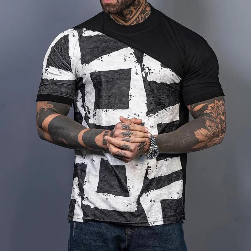 Men's Fashion Geometric Print Collage Slim Casual Short Sleeve T-Shirt