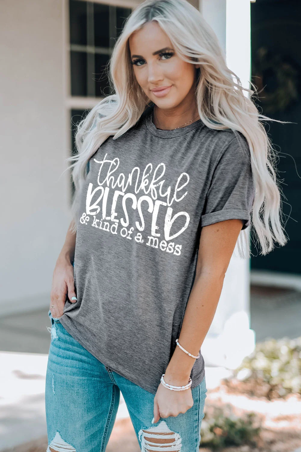 Gray BLESSED Letter Graphic Print Crew Neck T Shirt