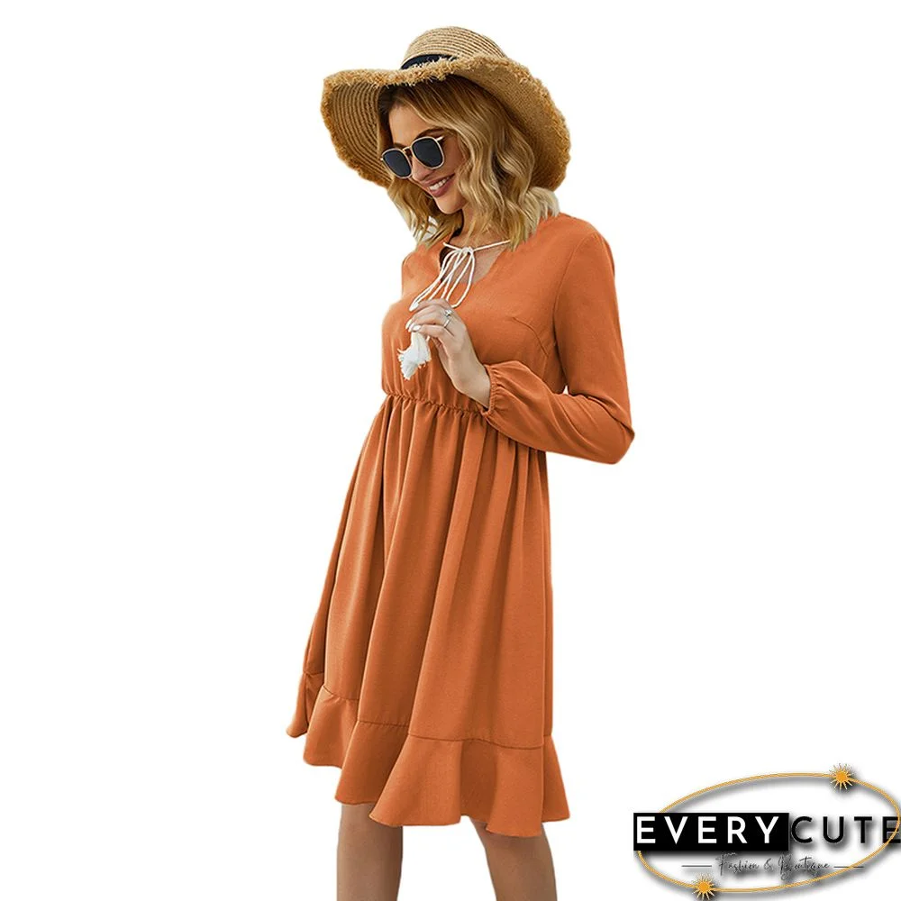 Orange Lace Up Long Sleeve Casual Dress