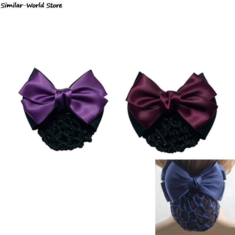 Satin Bow Rhinestone Barrette Lady Hair Clip Cover Bowknot Net Bun Snood