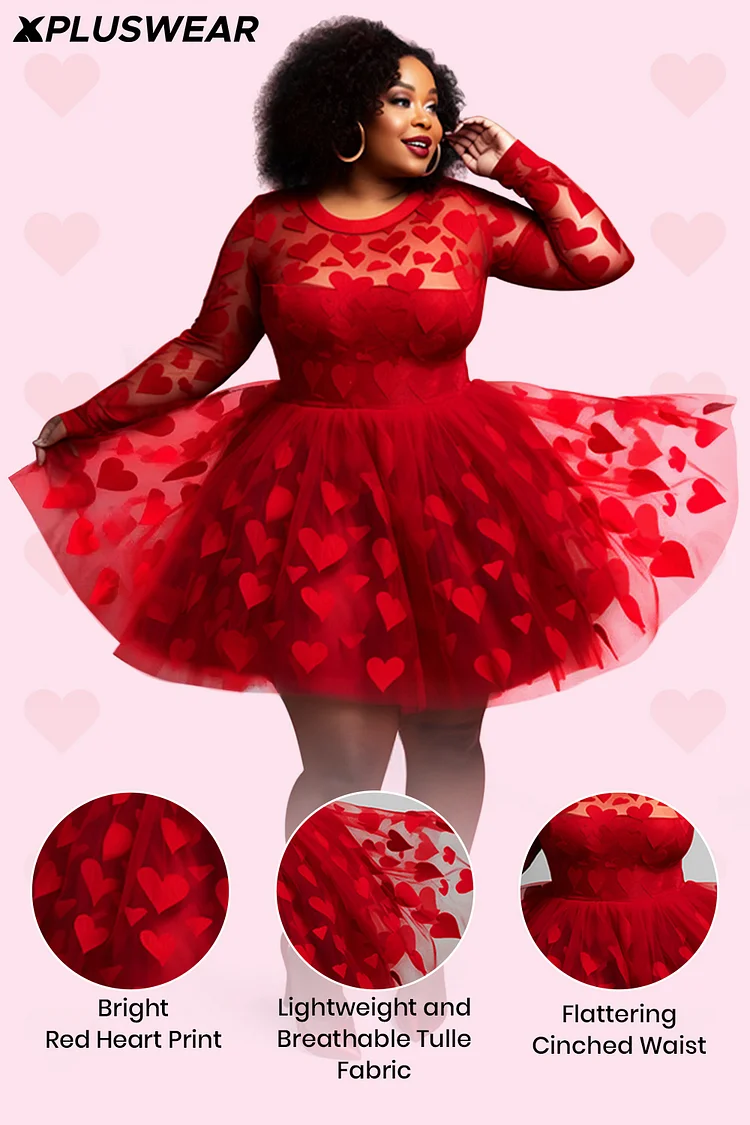 Xpluswear Design Plus Size Valentines Red Graphic Round Neck Long Sleeve See Through Tulle Mini Dresses [Pre-Order]