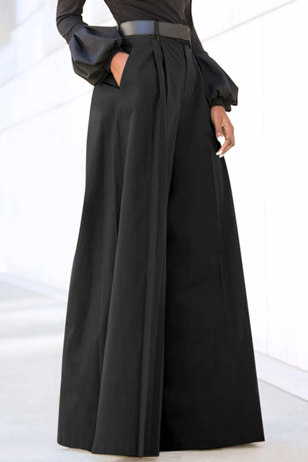 Plus Size Formal Gray Pleated High Rise Pocket Wide Leg Pants 2024 - Flycurvy 