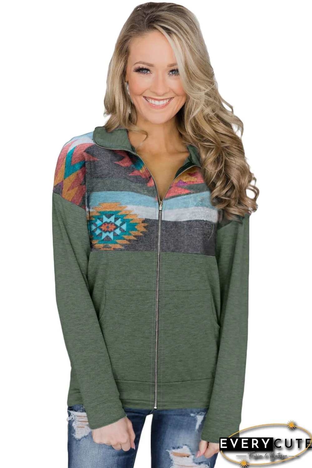 Green Full Zip Color Block Pullover Sweatshirt