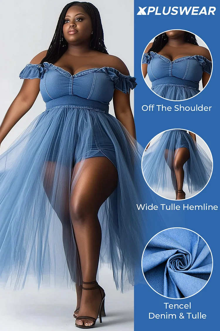 Xpluswear Design Plus Size Party Blue Casual Off The Shoulder See Through Tulle Tencel Denim Midi Dresses [Pre-Order]