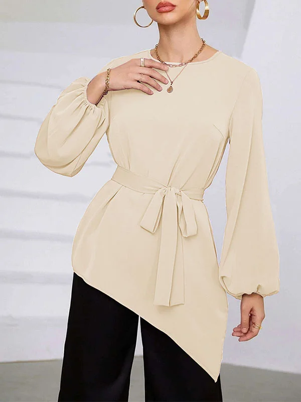 Asymmetric Elasticity Hollow Solid Color Tied Waist Long Sleeves Loose Round-Neck Blouses&Shirts Tops