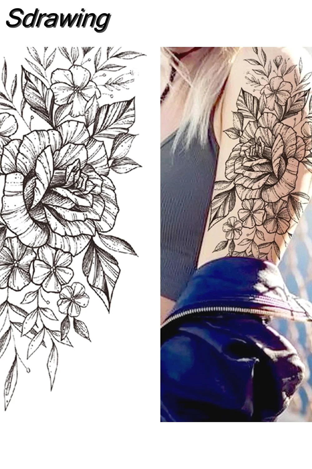 Sdrawing Fake Peony Temporary Tattoos For Women Girl Black Rose Elephant Flower Tattoo Sticker Tiger Anemone Tatoos Half Sleeve 521-1