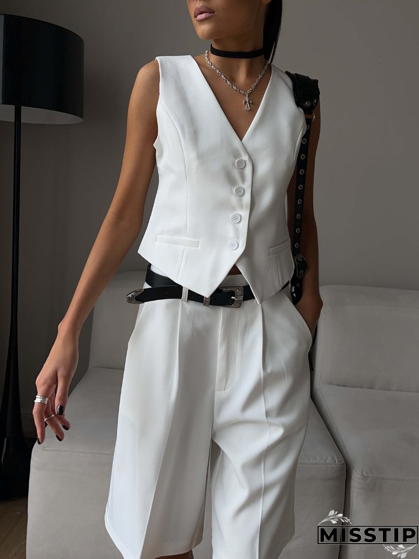 Women v-neck single-breasted vest + shorts two-piece set