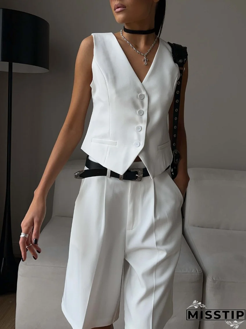 Women v-neck single-breasted vest + shorts two-piece set