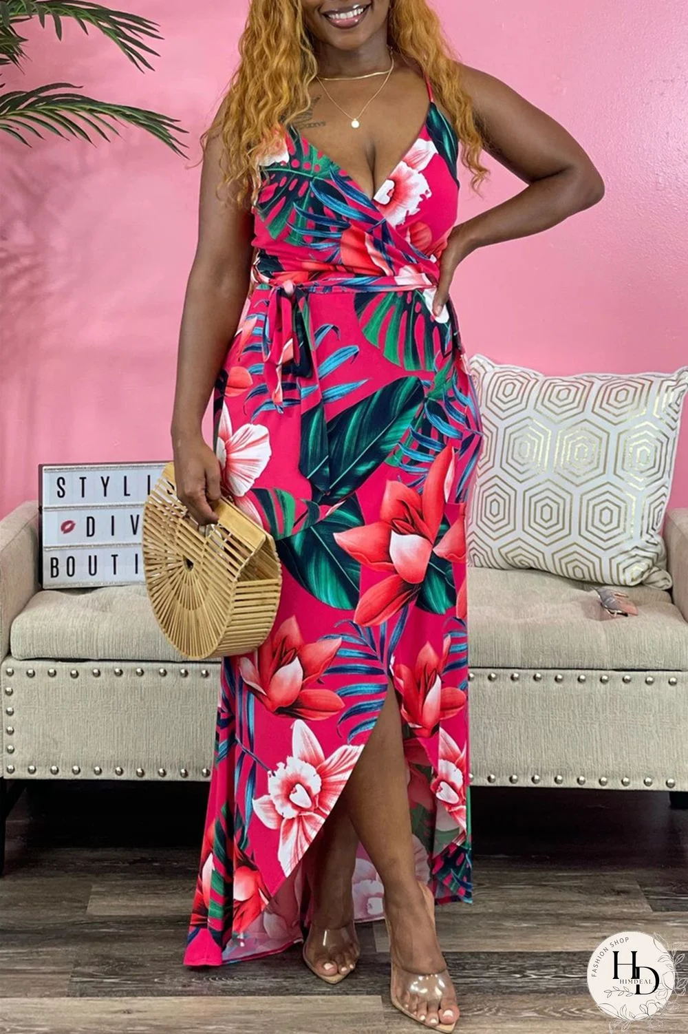 Red Sexy Casual Print Bandage Backless V Neck Sling Dress
