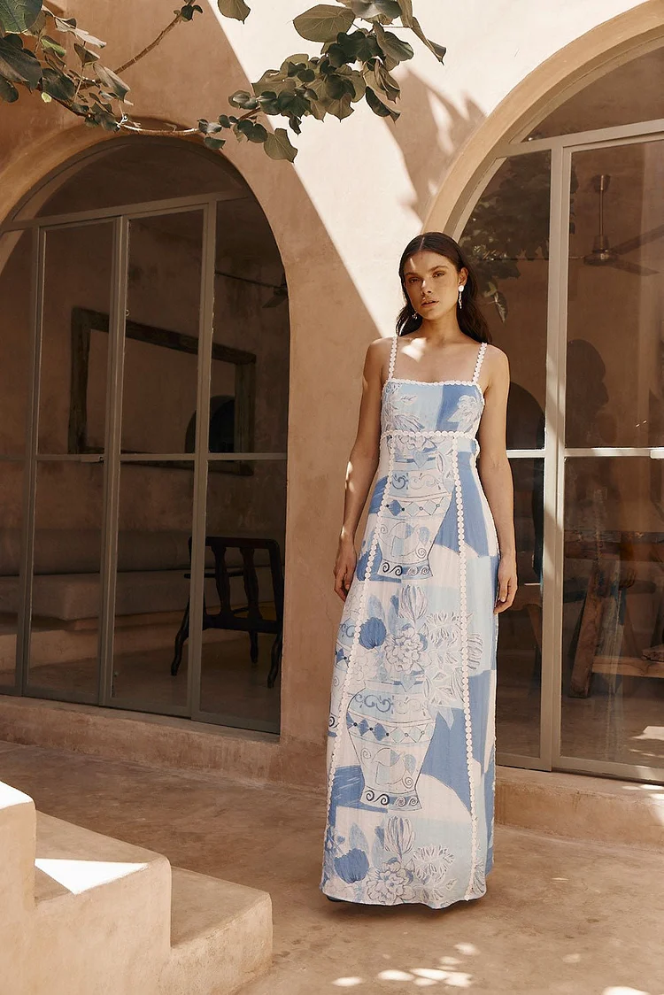 Linen Print Open Back Bow Tie Midi Dress