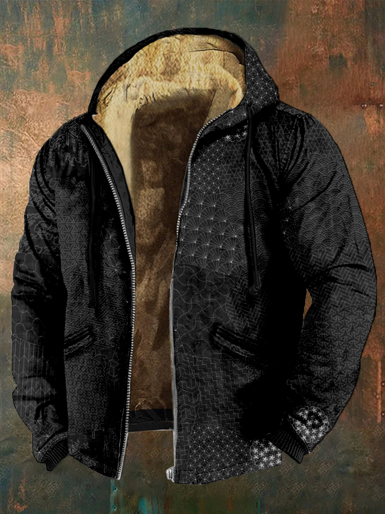 Men's Japanese Traditional Sashiko Art Full Zip Casual Hoodie  artssus