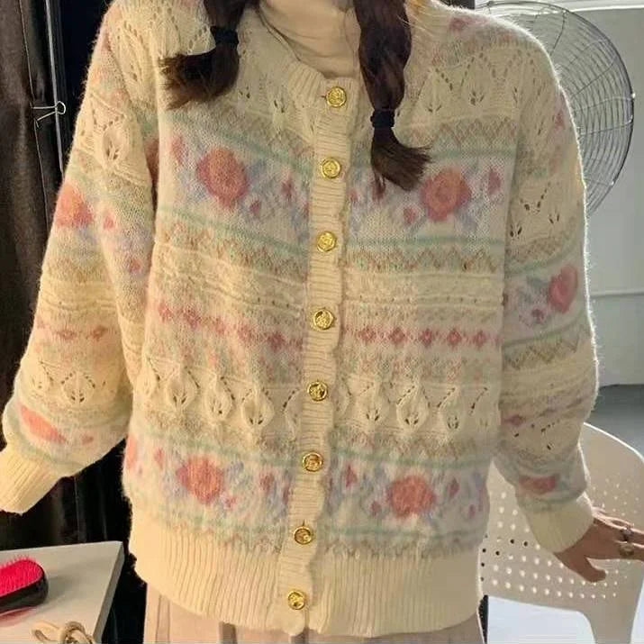 Cardigan Women Floral Hollow Out Spring Kawaii Students Cozy Knitwear Casual Chic Loose Popualr Design Sweet Ladies Ins Newest LANFUBEISI