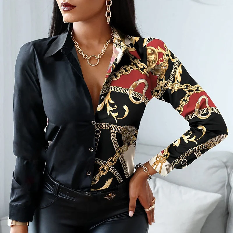 Women Vintage Floral Print Lacing Blouse Shirt Autumn Long Sleeve Sexy V Neck Ladies Top Casual Button Female Fashion Slim Blusa