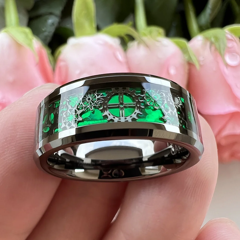 6MM 8MM Women's or Men's Tungsten Carbide Wedding Gear Rings Black with Mechanical Gear Green Carbon Fiber
