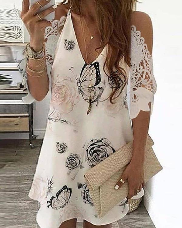 cold shoulder crochet lace printed hollow out casual dress p147978