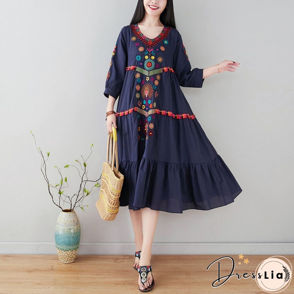 Women Dress Midi Linen Ethnic Floral Embroidery Tunic Beach Boho Holiday Hippie