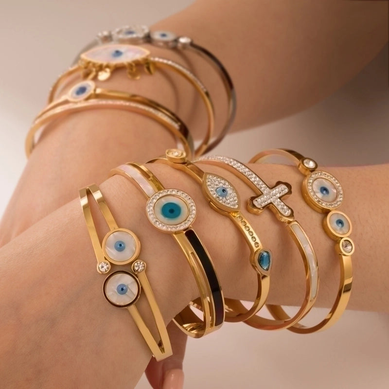 Fashion Devil’s Eye Stainless Steel Gold Plated Rhinestones Gold Plated Bangle