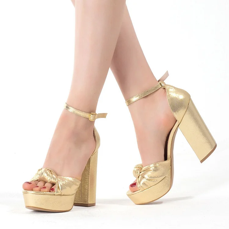 Golden Glitter Platform Sandals Peep Toe Ankle Strap Chunky Heels |FSJ Shoes